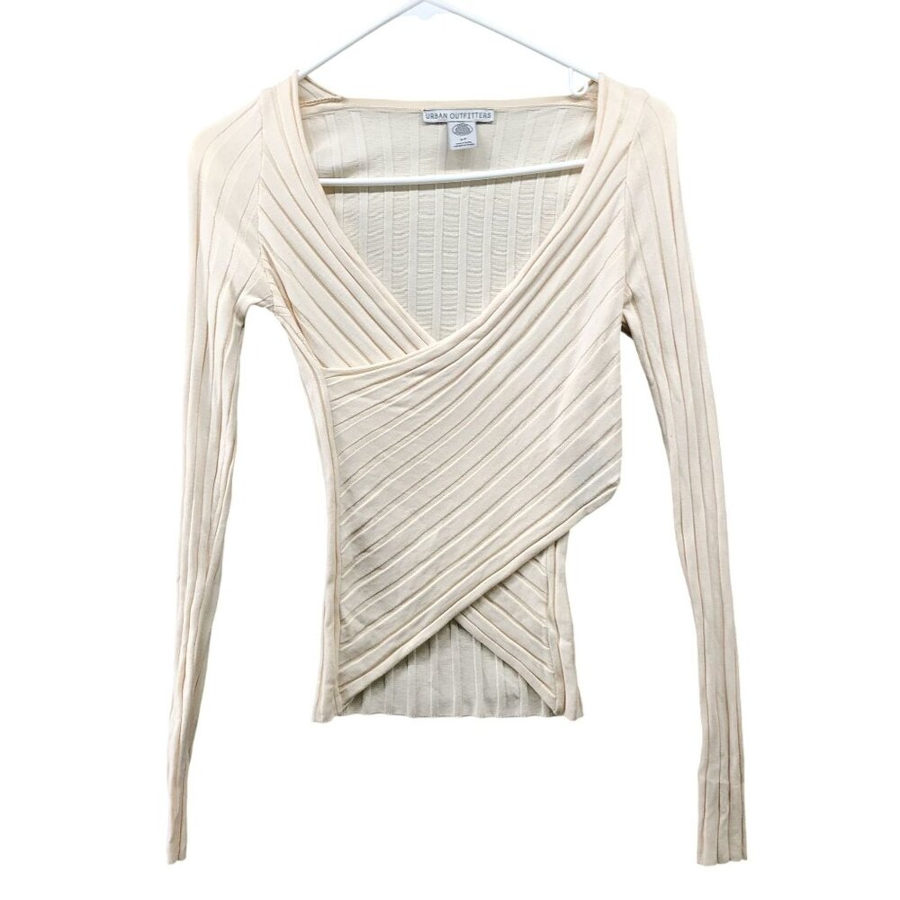Urban Outfitters Faux Wrap Long Sleeve Top Womens S Ivory V-Neck Ribbed Fitted